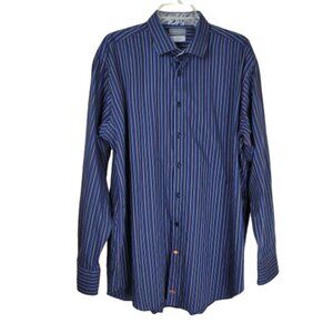 Thomas Dean Men's Button Down Shirt Size XXL Blue Gray Striped Long Sleeve